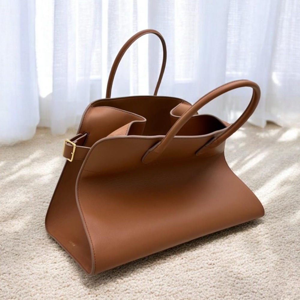 Tan Bowling Bag, PU Leather Handbag, T-Lock Closure and Buckled Side Tote